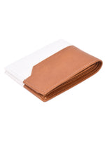 Open tan and white bifold wallet with multiple card slots