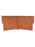 Tan and white bifold wallet folded from rear angle