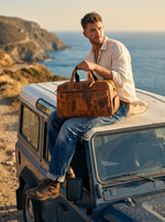 Brooks Upcycled Leather Duffle Bag Caramel Sustainable Travel & Weekend Bag - Cabrini - Elegance Perfected