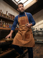 Custom Brown Suede Apron with Leather Strap - Personalized Chef & Barista Workwear - Cabrini - Elegance Perfected