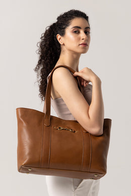Classic Brown Tote Bag with Metal Bit Detail – Elegant Everyday Carry