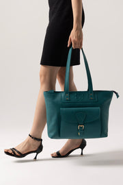 Elegant Teal Tote Bag with Front Buckle Pocket – Premium Textured Finish