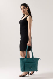 Elegant Teal Tote Bag with Front Buckle Pocket – Premium Textured Finish