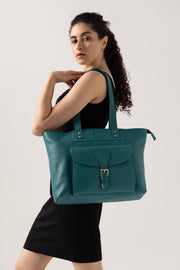 Elegant Teal Tote Bag with Front Buckle Pocket – Premium Textured Finish