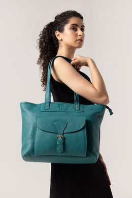 Elegant Teal Tote Bag with Front Buckle Pocket – Premium Textured Finish