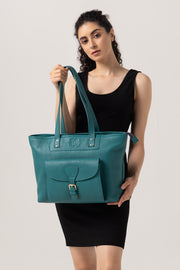Elegant Teal Tote Bag with Front Buckle Pocket – Premium Textured Finish