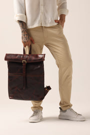 Vintage Roll-Top Leather Backpack in Rich Mahogany – Handmade Full-Grain Leather Travel & Everyday Bag