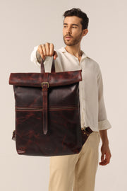 Vintage Roll-Top Leather Backpack in Rich Mahogany – Handmade Full-Grain Leather Travel & Everyday Bag