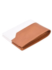 Open tan and white bifold wallet with multiple card slots
