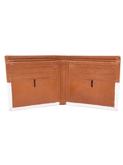 Tan and white bifold wallet folded from rear angle