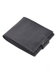 Black bifold wallet with clear ID window and interior flap pocket