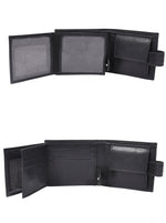 Black bifold wallet folded, showing stitched exterior and side tab