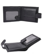Back view of black bifold wallet with stitched border