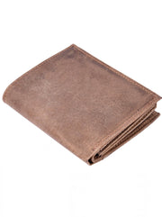 Folded weathered brown bifold wallet with stitched edges