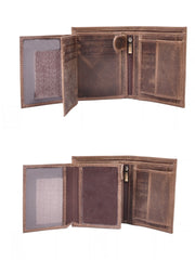 Open brown bifold wallet with flip ID window and zipped divider