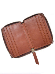 Side profile of tan zip-around wallet and metal-tone zipper