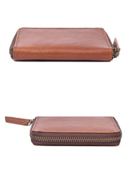 Open tan zip-around wallet showing card slots on both sides
