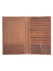 Brown long wallet with raised floral-scroll exterior design