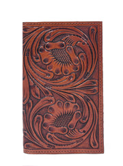Open floral brown long wallet showing card slots and slip pockets