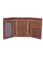 Floral-embossed brown trifold wallet shown folded from two angles