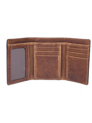 Floral-embossed brown trifold wallet shown folded from two angles