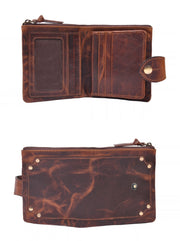 Brown wallet open showing zip compartment, card slots and clear ID window