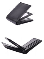 Black bifold wallet exterior and open view with ID window and zip