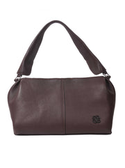 Virella chocolate brown handbag front view with broad handle and tonal emblem