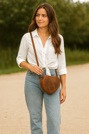 Cabrini Heart-Shaped Leather Crossbody Bag – Brown with Floral Lining