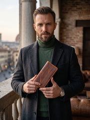 Genuine Leather Long Wallet with Multiple Card Slots & ID Window