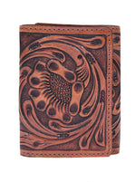 Open brown trifold wallet showing clear ID window and card slots