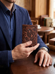 Cabrini Fiora Mini Floral-Embossed Brown Trifold Wallet