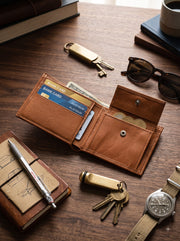 Cabrini Arlo Tan Bifold Wallet with Flip ID Window & Flap Pocket