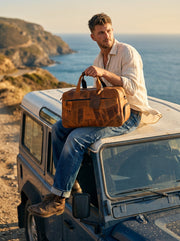 Brooks Upcycled Leather Duffle Bag Caramel Sustainable Travel & Weekend Bag - Cabrini - Elegance Perfected