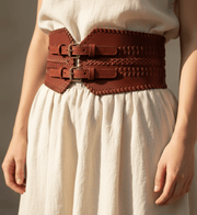 Cabrini Red Leather Belt – Double Buckle Design | Textured Brown Finish - Cabrini - Elegance Perfected