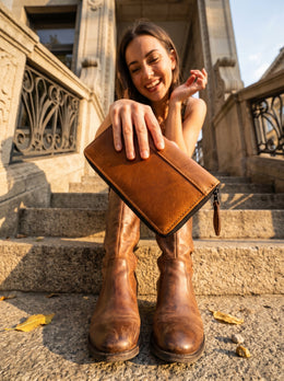 Classic Tan Leather Zip - Around Ladies Clutch - Cabrini - Elegance Perfected