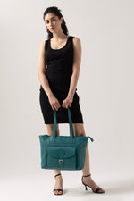 Elegant Teal Tote Bag with Front Buckle Pocket – Premium Textured Finish - Cabrini - Elegance Perfected