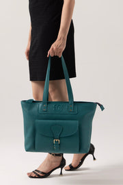 Elegant Teal Tote Bag with Front Buckle Pocket – Premium Textured Finish - Cabrini - Elegance Perfected