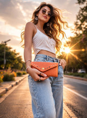 Tan Genuine Leather Studded Clutch – Envelope Snap Wallet Purse - Cabrini - Elegance Perfected