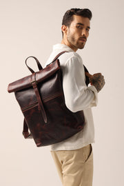 Vintage Roll - Top Leather Backpack in Rich Mahogany – Handmade Full - Grain Leather Travel & Everyday Bag - Cabrini - Elegance Perfected