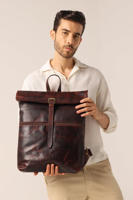 Vintage Roll - Top Leather Backpack in Rich Mahogany – Handmade Full - Grain Leather Travel & Everyday Bag - Cabrini - Elegance Perfected